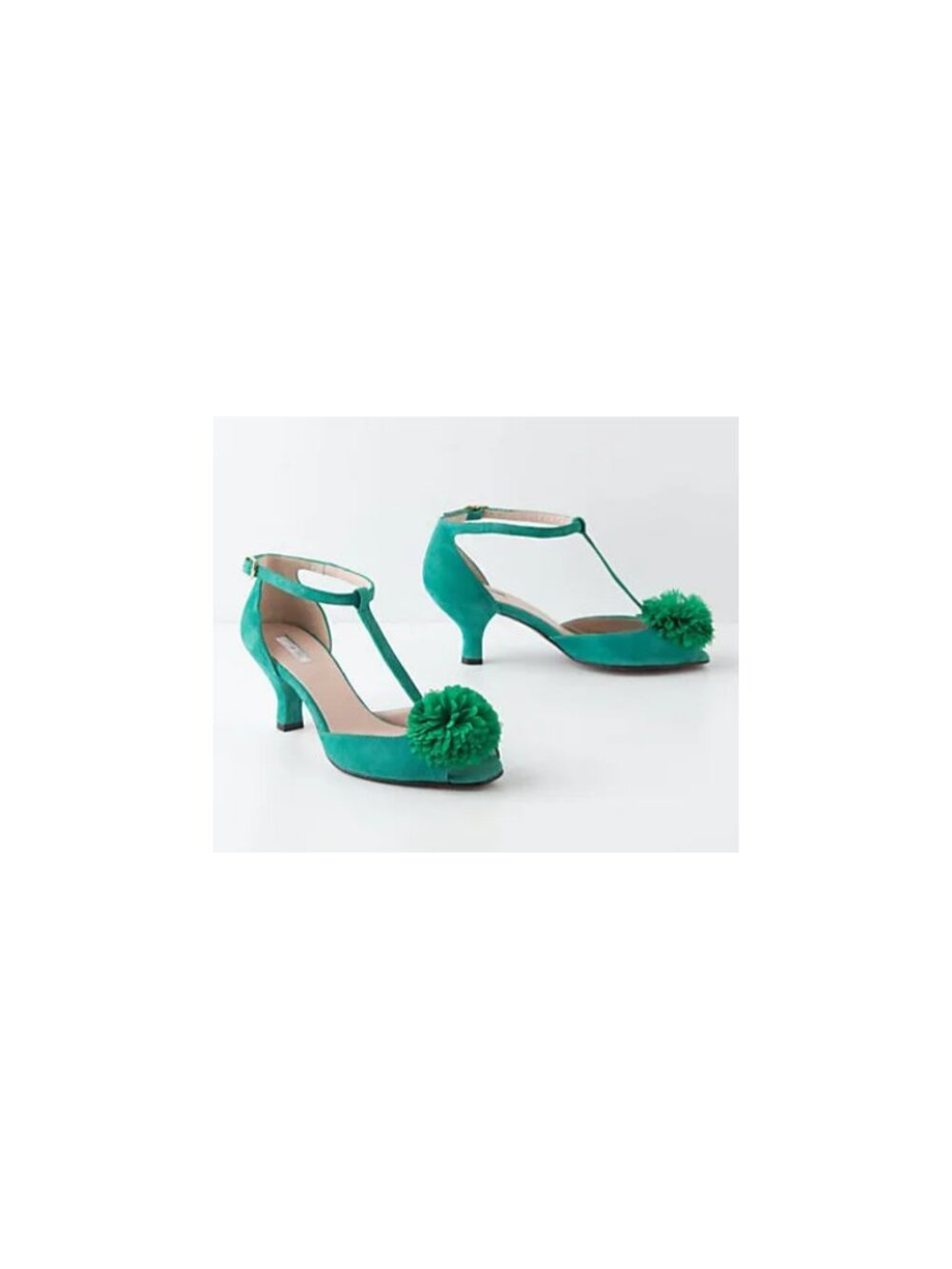 2013 Anthropologie ToBe "Dani" Green T-Strap Peep Toe PomPom Heels Sz 41-LikeNew